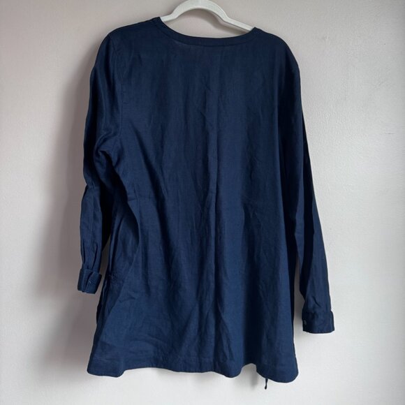 J. Jill Love Linen Button Down Shirt Side Ties Navy Blue XL - Picture 2 of 11